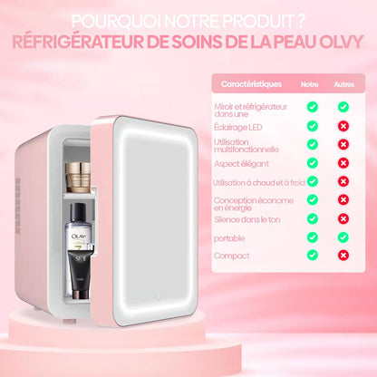 Olvy Réfrigérateur Cosmétique 4 Litres, Mini Frigo, Mini Réfrigérateur Portable Avec Miroir LED, Petit Réfrigérateur Pour Soins De La Peau, Skincare Fridge, Rose