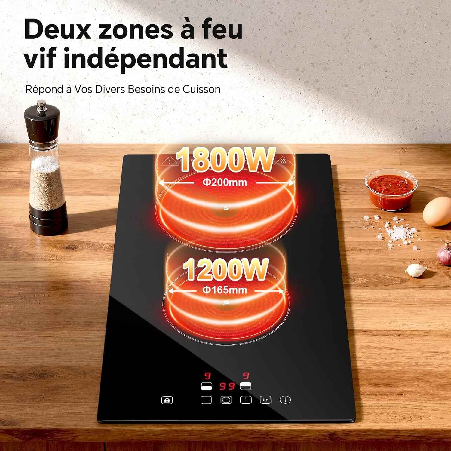 Plaque Vitrocéramique 2 Feux, Plaque De Cuisson Electrique 3000W | Avec Prise, 30Cm Encastrable/Portable, 9 Niveaux, Commande Tactile, Arrêt Automatique, Pour Toutes Les Poêles