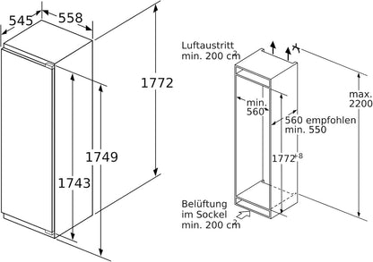 KIF81PFE0 Série 8 Réfrigérateur Encastré 177,5 X 56 Cm Niche 289 L Charnière Plate Made in Germany, Vitafresh Pro 3 Fois plus De Fraîcheur, Éclairage LED Uniforme