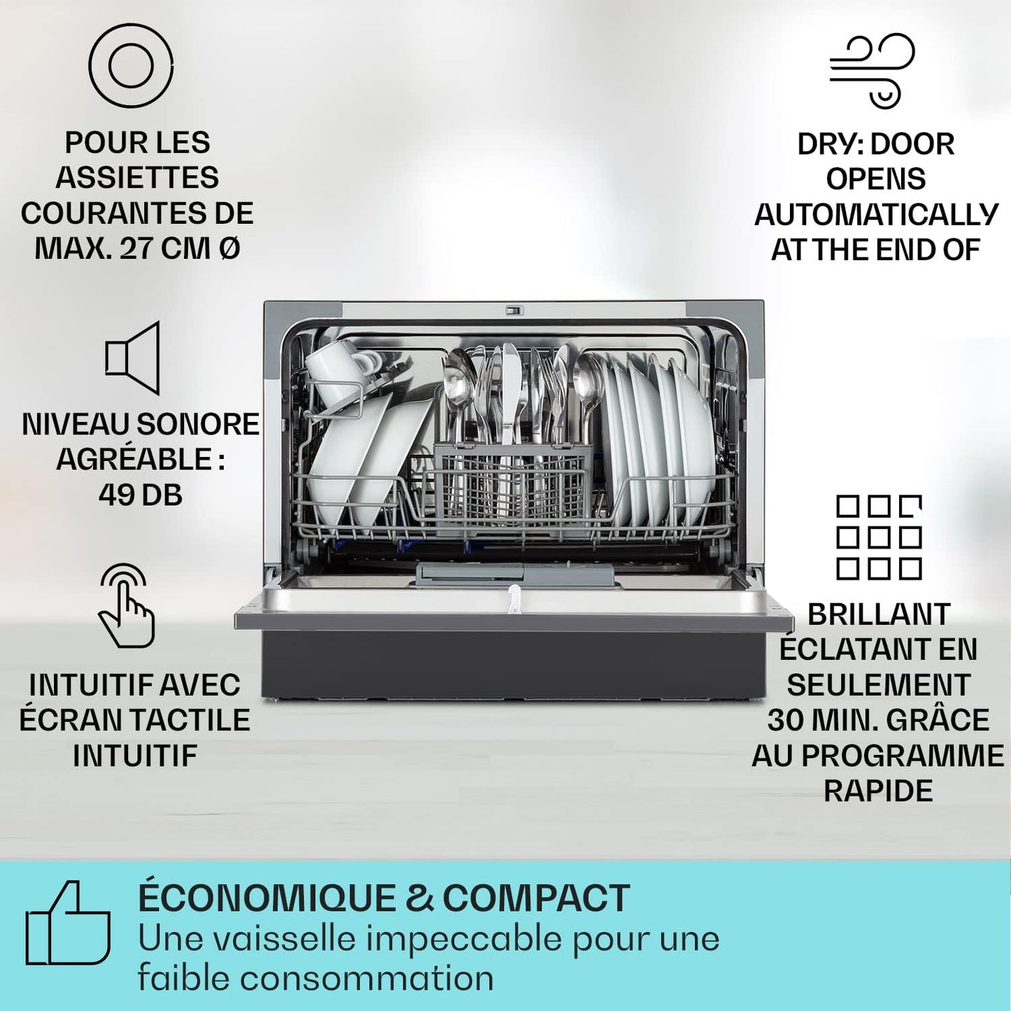 Mini Lave Vaisselle De Table Compact De 6 Couvert, Silencieux, 6 Programmes De Lavage, Portable, Facile À Installer Pour Maison, Bureau