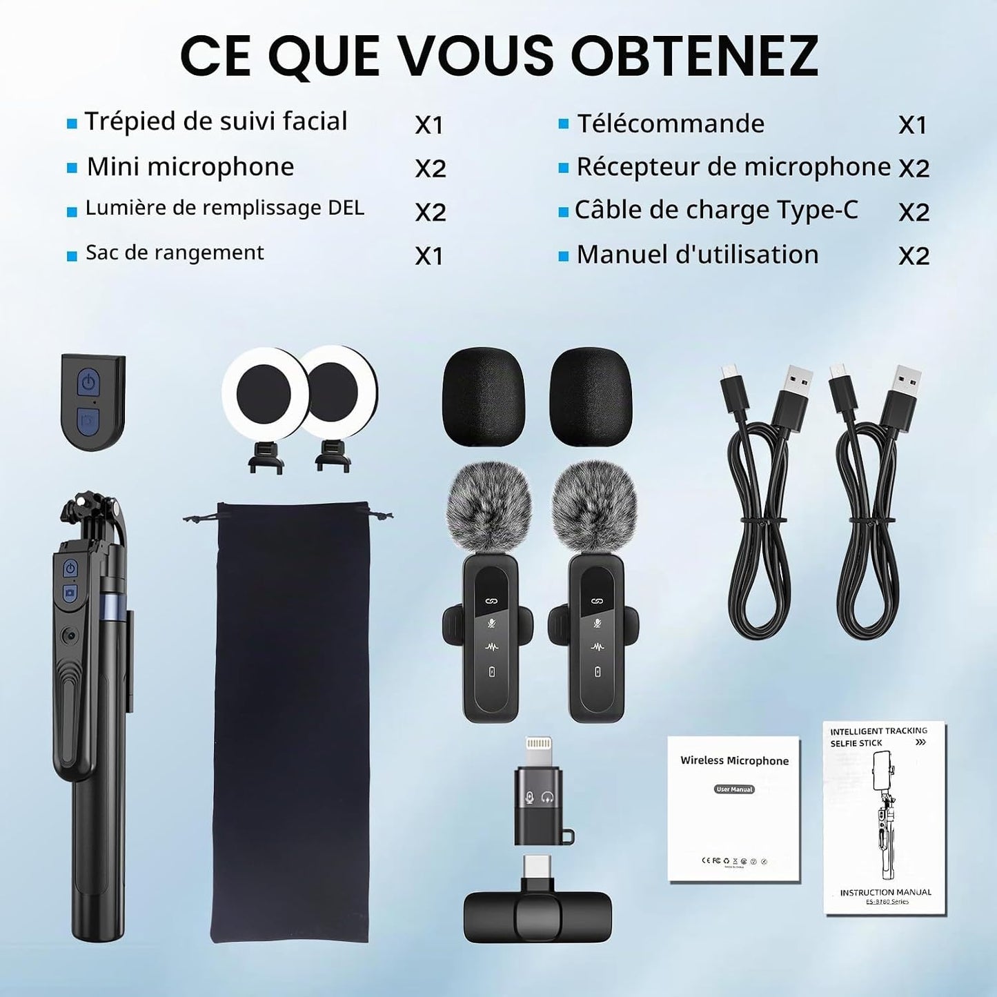 Kit De Vlogging Pour Créateur De Contenu Youtube Pour Iphone/Android, Trépied De 178 Cm Avec Suivi Automatique Du Visage Pour Iphone, Avec Éclairage Et Microphones Sans Fil, Kit De Démarrage Tiktok