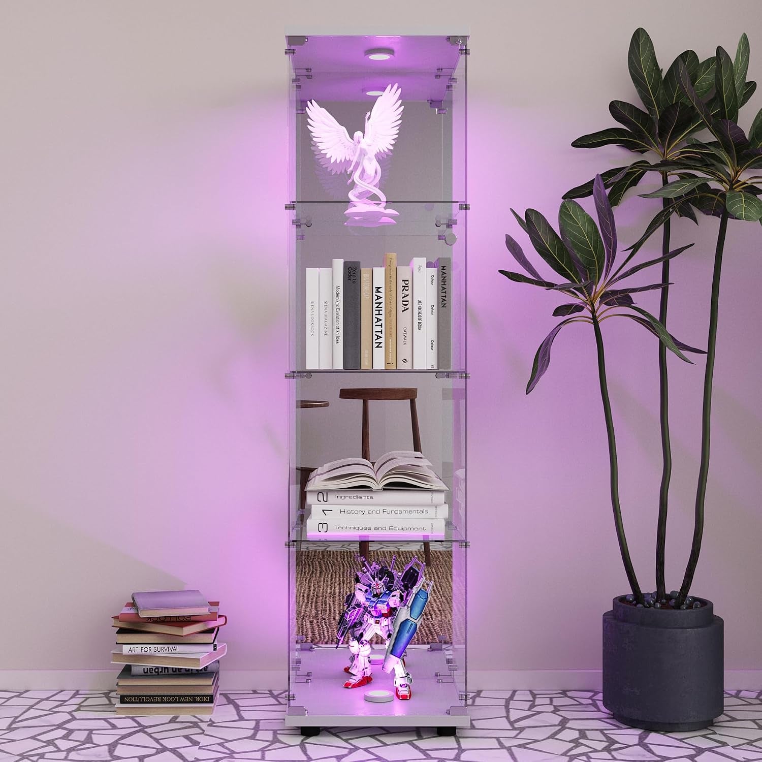 Vitrine En Verre, Meuble De Rangement Autonome Avec Éclairage LED Et Effet Miroir, Vitrine En Verre À 4 Couches, Convient Pour Bureau, Salon, Cuisine, 164 X 42,5 X 36,5 Cm (Blanc)