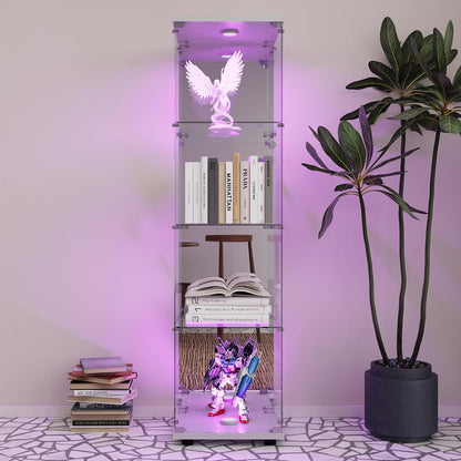 Vitrine En Verre, Meuble De Rangement Autonome Avec Éclairage LED Et Effet Miroir, Vitrine En Verre À 4 Couches, Convient Pour Bureau, Salon, Cuisine, 164 X 42,5 X 36,5 Cm (Blanc)