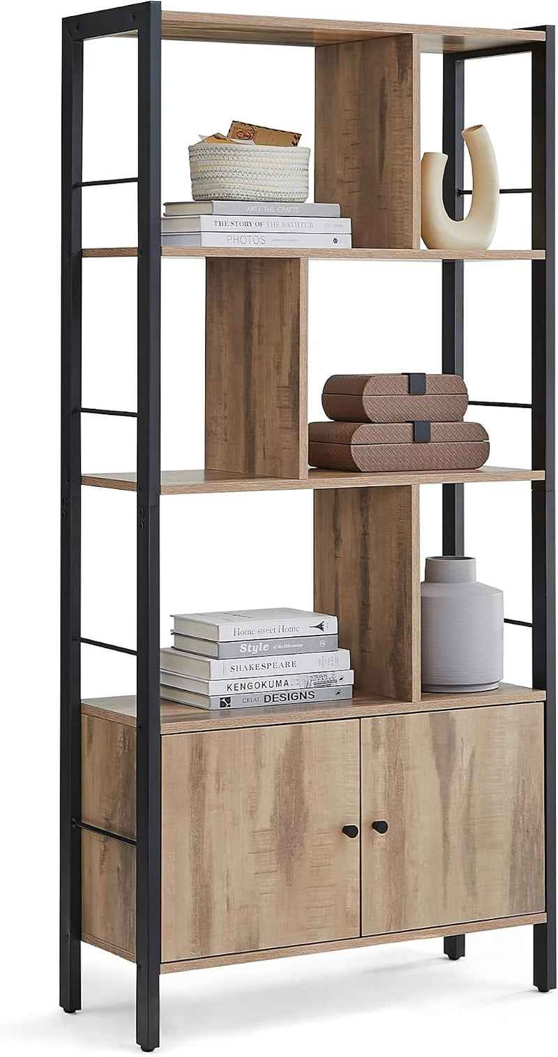 Étagère, Bibliothèque À 4 Niveaux, Meuble De Rangement, Placad, Avec Portes, Grand, Cadre En Acier, Pour Salon, Bureau, Chambre, Style Industriel, Marron Camel Et Noir D'Encre LBC022B50