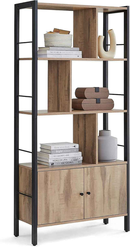 Étagère, Bibliothèque À 4 Niveaux, Meuble De Rangement, Placad, Avec Portes, Grand, Cadre En Acier, Pour Salon, Bureau, Chambre, Style Industriel, Marron Camel Et Noir D'Encre LBC022B50