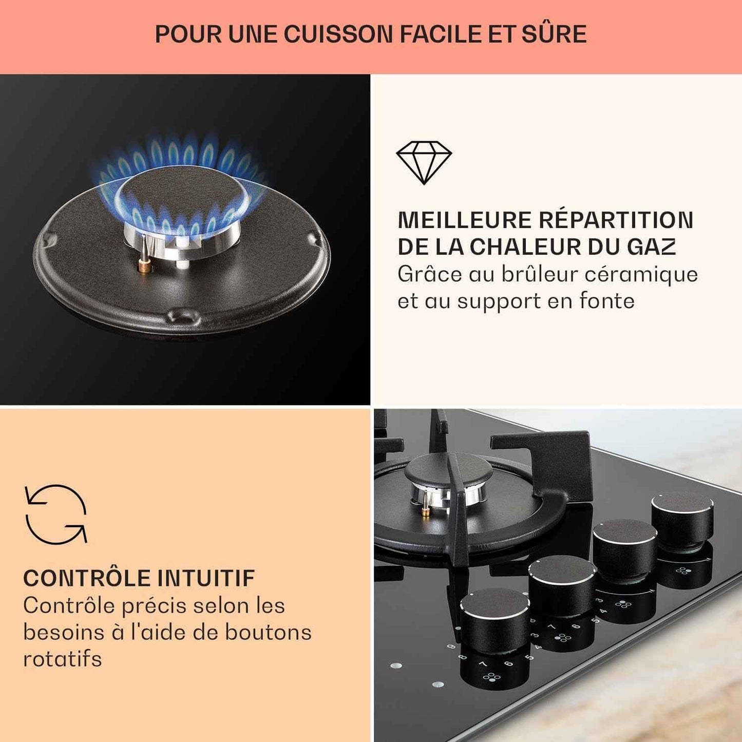 Plaque De Cuisson Gaz Et Vitrocéramique 4 Feux, Table De Cuisson À Gaz, Plaque Et Vitro De 6.4Kw En Acier Inoxydable, De Vitroceramique Encastrable, Mixte