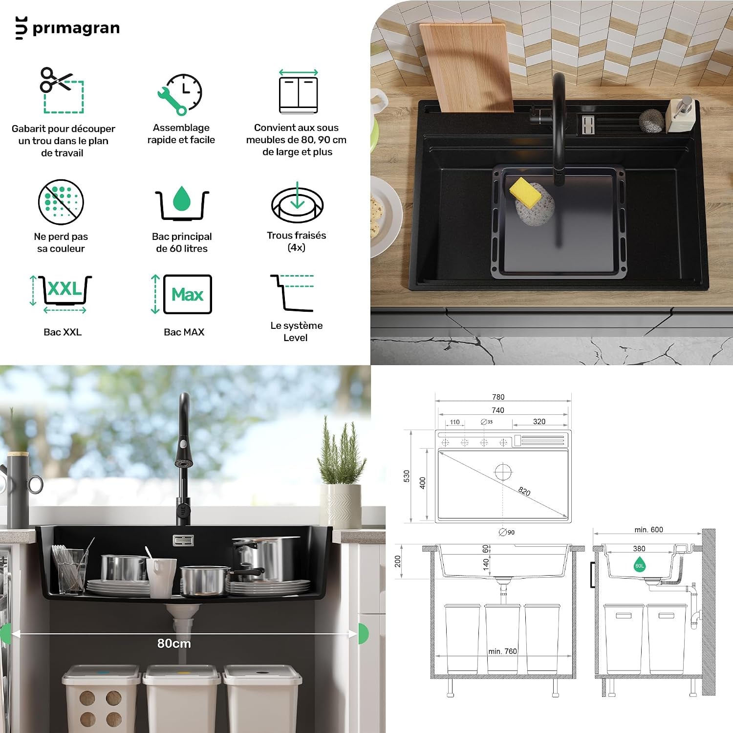 Evier Cuisine En Granit Noir - Oslo, 78X53Cm | Lavabo 1 Bac + Kit D'Accessoires, Évier À Encastrer Au Meuble 80Cm (S335)