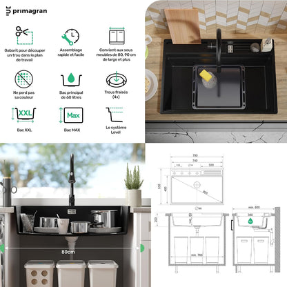 Evier Cuisine En Granit Noir - Oslo, 78X53Cm | Lavabo 1 Bac + Kit D'Accessoires, Évier À Encastrer Au Meuble 80Cm (S335)