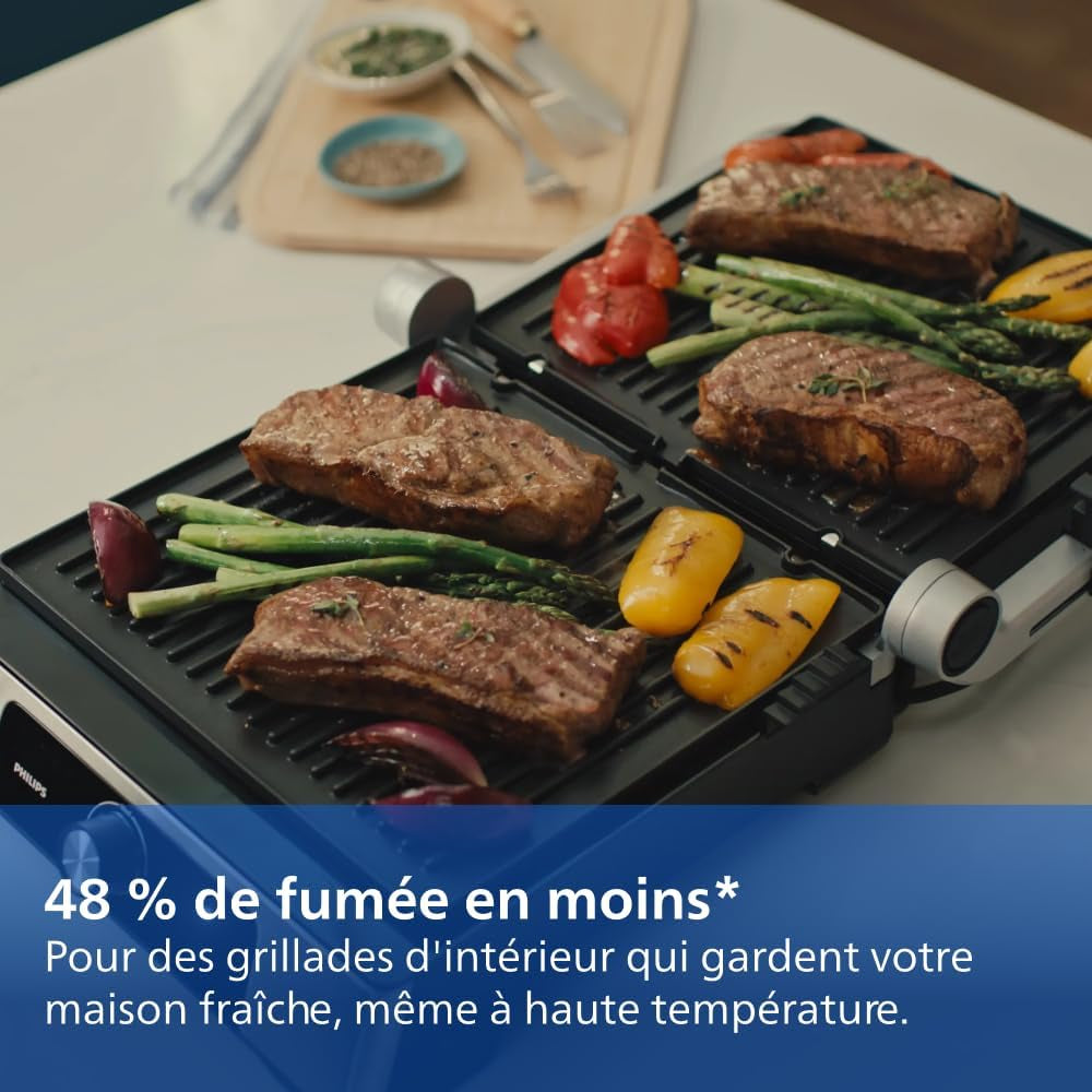 Grill Électrique 5000, Température Réglable, 2200W, Métal | Grill De Table, Ouverture 180°, Grande Surface De Cuisson, Plaques Antiadhésives Amovibles, Facile À Nettoyer (HD6301/90)