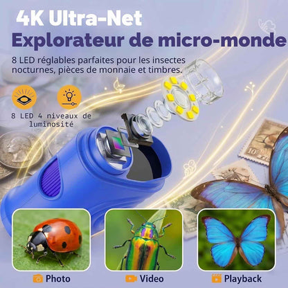 Microscope Enfant, Microscope Numérique Portable 1000X 4K Avec Écran IPS 2,4", 8 LED, USB Rechargeable, Jouet Éducatif Scientifique STEM, Cadeau Anniversaire Fille Garçon 3-12 Ans, Bleu