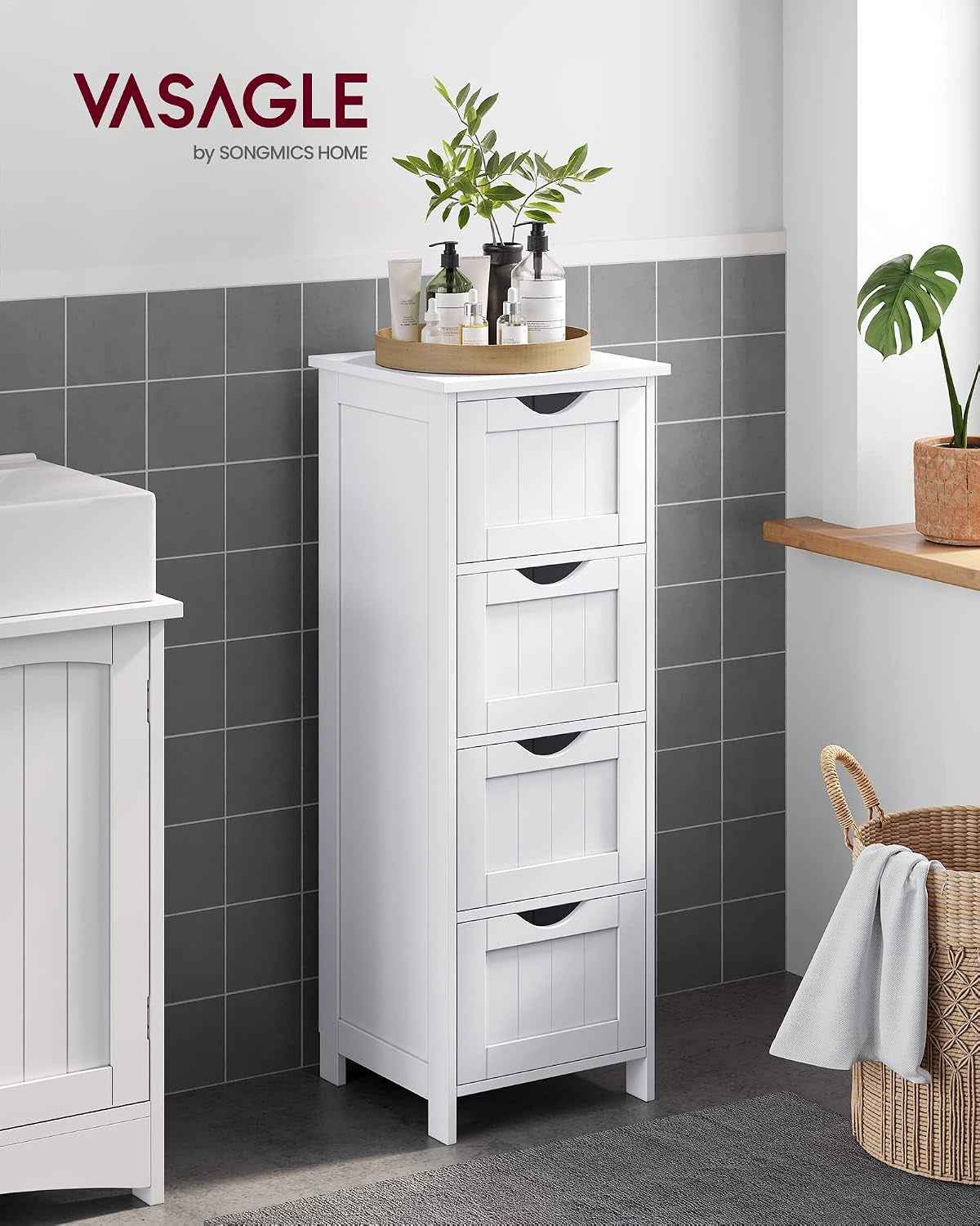 Meuble De Salle De Bain, Armoire Sur Pied, Avec 4 Tiroirs, 30 X 30 X 82 Cm, Pour Salon, Salle À Manger, Cuisine, Style Moderne, Blanc LHC40W