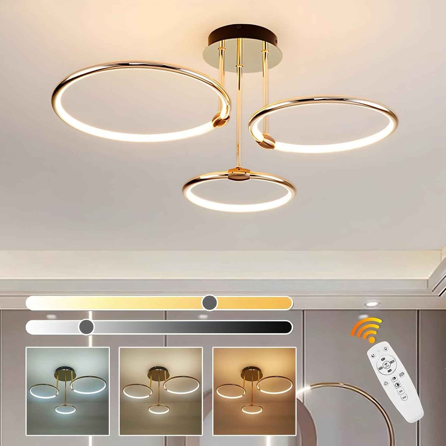 3 Anneaux Ronds Plafonnier Led Doré, Lustre Ø56Cm | 60W À Intensité Variable, Suspension Créative En Métal Électrolytique, Lampe Moderne Pour La Chambre À Coucher Bureau D'Enfants Étude