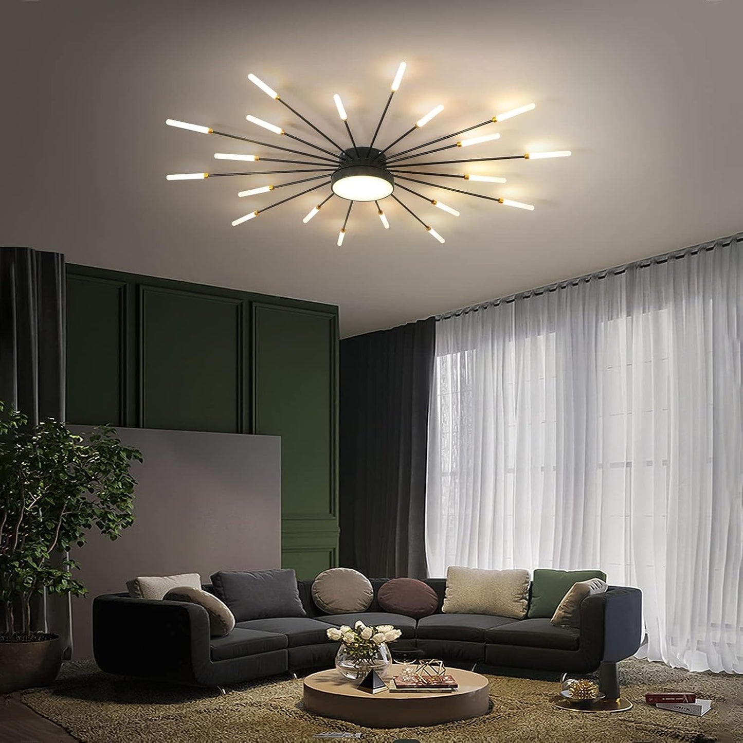 Plafonnier LED Moderne 20 + 1 Têtes Lustres Noirs Semi-Affleurants Éclairage De Plafond Pour Chambre Salon Cuisine Salle À Manger Restaurant