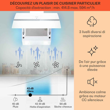 Clara Hotte Aspirante 60Cm, Hottes De Cuisine Inclinées, Filtre De Hotte En Aluminium, Débit D'Air Puissant 591 M³/H, Eclairage À LED, Efficacité Classe A, Efficace Avec Evacuation
