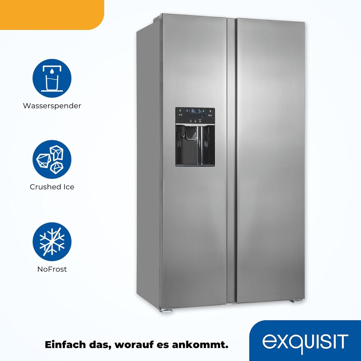Exquisit SBS520-CF-040E Side by Side Kühlschrank, 91 Cm Breit, 475L, Nofrost, Ice-Maker, Festwasseranschluss, Inoxlook