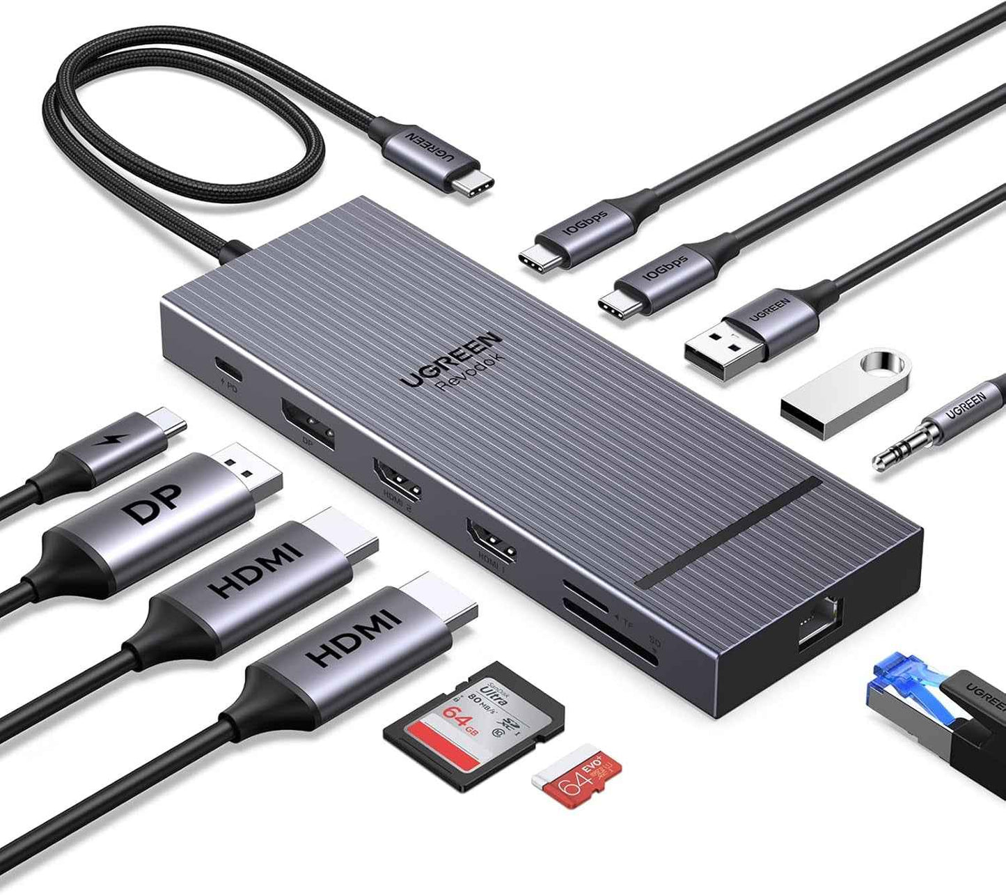 Revodok Pro 3121 Hub USB C 12 En 1 Docking Station Triple Affichage | Double HDMI 4K60Hz, 1 Displayport 4K120Hz, 10Gbps, PD 100W Charge, RJ45 Gigabit, SD TF, Multi Data Ports 2A2C, Audio 3.5Mm