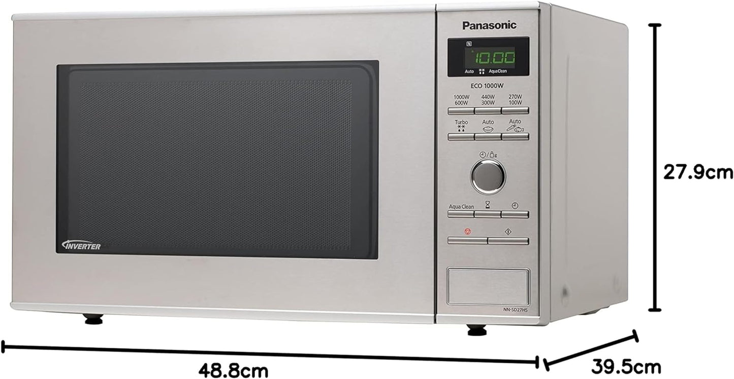 NN-SD27HSUPG Four Micro-Ondes Technologie Inverter Plateau Tournant En Verre, 23L, 1000W, 10 Prog Auto, Décongélation Chaos, 6 Puissances, Minuterie, Affichage LED, Acier Inoxydable Argent