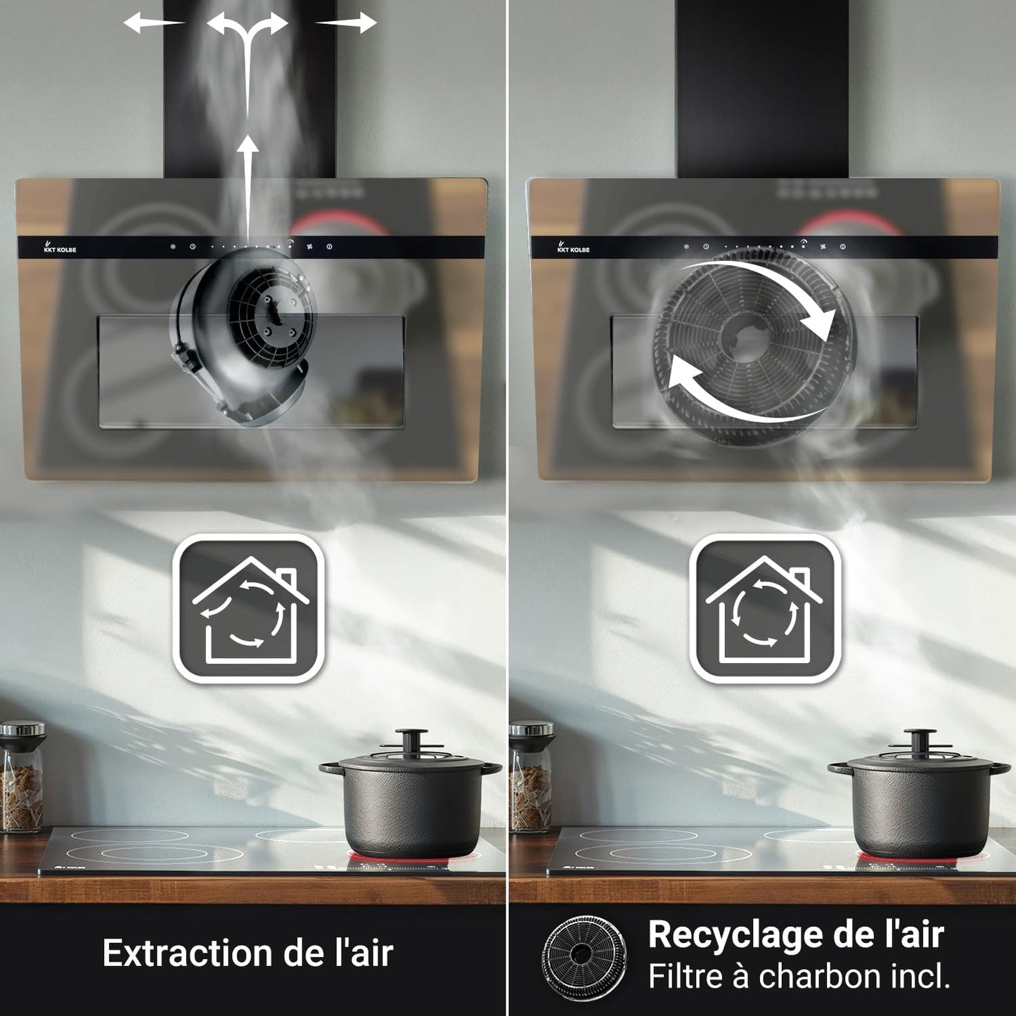 A+++ Hotte Aspirante 80 Cm 782 M³/H Drain Uringang Capot Mural Sans Tête | Miroir En Verre Noir | Démarrage Différé | Smart Wifi App Wi-Fi | Sensortouch | Éclairage LED RGBW | PLOOM8005M