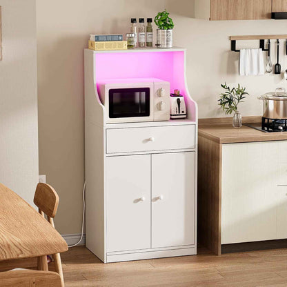 Meuble Micro-Ondes Buffet Avec Prise Armoire De Cuisine Avec 1 Tiroir 1 Grand Casier Et Bandeau Lumineux LED Meuble Buffet 60X40X123Cm Pour Salle À Manger, Cuisine, Salon Blanc