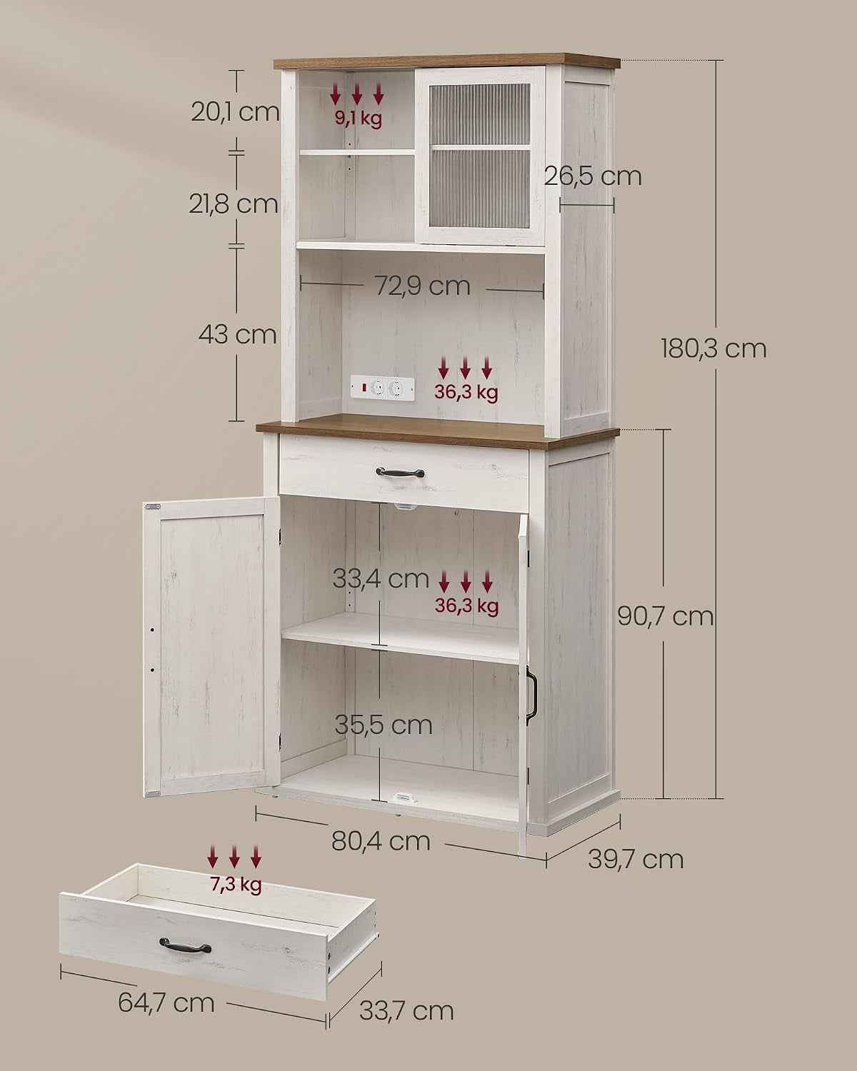 Meuble De Rangement Avec Lumières Et Chargeur, Placard De Cuisine, Avec Portes Et Tiroirs, 39,5 X 80,4 X 180,6 Cm, Étagères Réglables, Style Campagne, Blanc Rustique Et Marron Miel BBK363W22V1