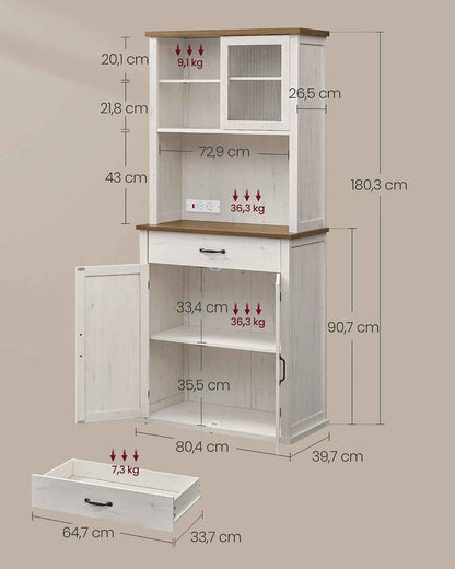 Meuble De Rangement Avec Lumières Et Chargeur, Placard De Cuisine, Avec Portes Et Tiroirs, 39,5 X 80,4 X 180,6 Cm, Étagères Réglables, Style Campagne, Blanc Rustique Et Marron Miel BBK363W22V1