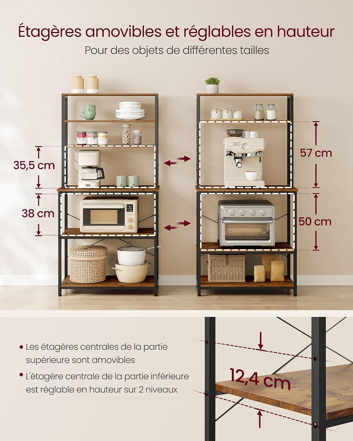 Étagère De Cuisine, Étagère Pour Machine À Café, 6 Étagères Et 6 Crochets, Pour Four À Micro-Ondes, Cadre En Acier, Style Industriel, 40 X 80 X 167 Cm, Marron Rustique Et Noir KKS019B01