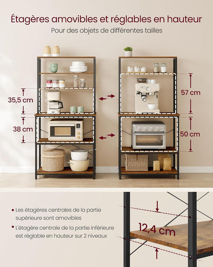 Étagère De Cuisine, Étagère Pour Machine À Café, 6 Étagères Et 6 Crochets, Pour Four À Micro-Ondes, Cadre En Acier, Style Industriel, 40 X 80 X 167 Cm, Marron Rustique Et Noir KKS019B01