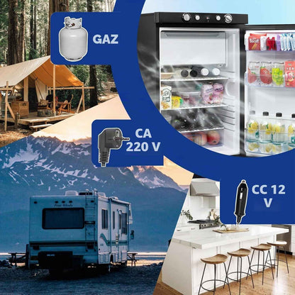 Frigo Trimixte 12V 220V Gaz, 100L, Frigo Camping Gaz, Réfrigérateur Gaz Avec Congélateur, Pour Camping Car, Caravane, Cabanon, Chalet, Noir