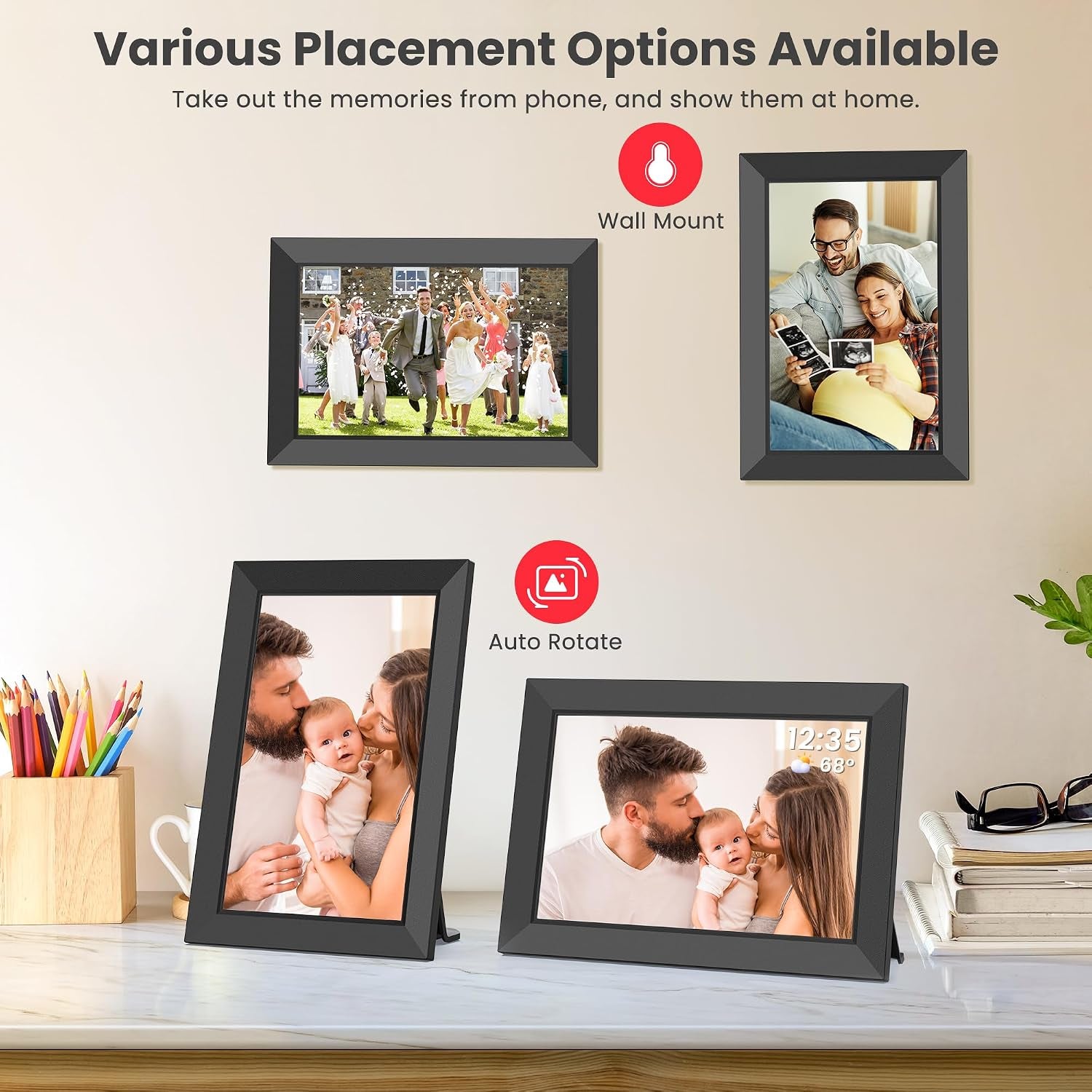 Frameo Cadre Photo Numérique Wifi 10,1 Pouces Avec Mémoire Intégrée De 32 Go, Écran Tactile HD 1280X800 IPS Pour Partager Photos Et Vidéos, Support Multilingue, Rotation Automatique, Montage Mural