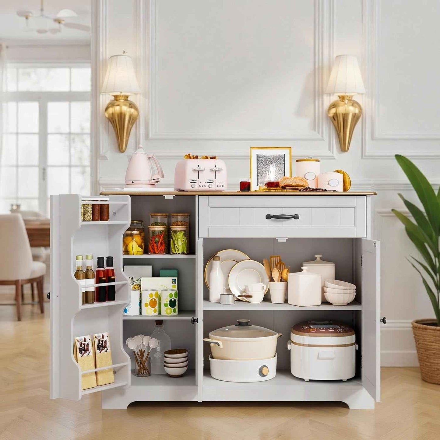 Buffet Avec 1 Tiroir, Étagère De Porte À 3 Niveaux Et Grand Espace De Rangement, Buffet Avec Dispositif Anti-Basculement Et Coins Arrondis, Pour Cuisine, Salon Ou Chambre À Coucher, Vintage