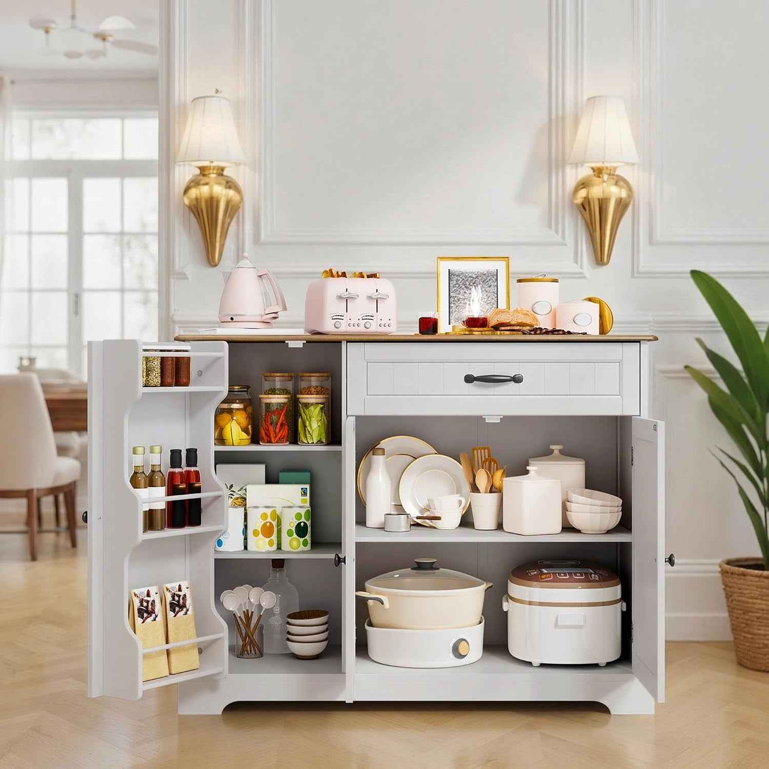 Buffet Avec 1 Tiroir, Étagère De Porte À 3 Niveaux Et Grand Espace De Rangement, Buffet Avec Dispositif Anti-Basculement Et Coins Arrondis, Pour Cuisine, Salon Ou Chambre À Coucher, Vintage
