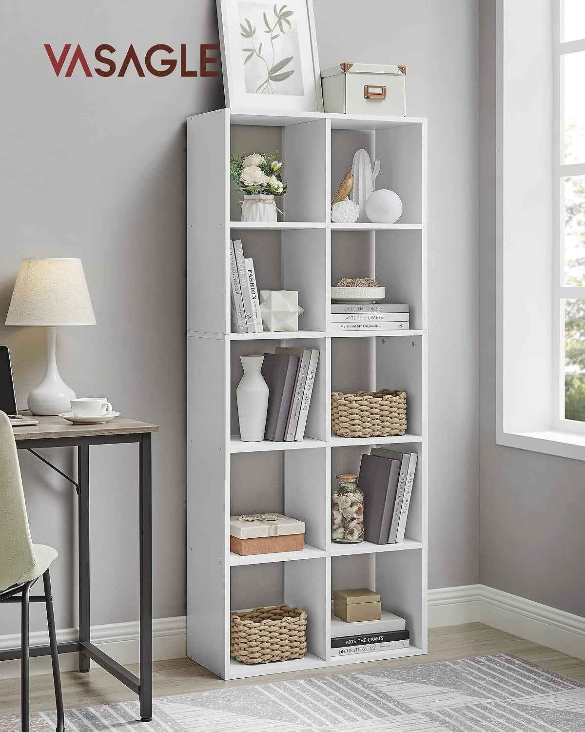 Bibliothèque, Meuble De Rangement, Étagère Sur 5 Niveaux | Pour Salon, Chambre, Bureau, Avec Compartiments Ouverts, 30 X 65,6 X 161,5 Cm, Blanc Nuage, CUSTOS Collection, LBC168T14V1
