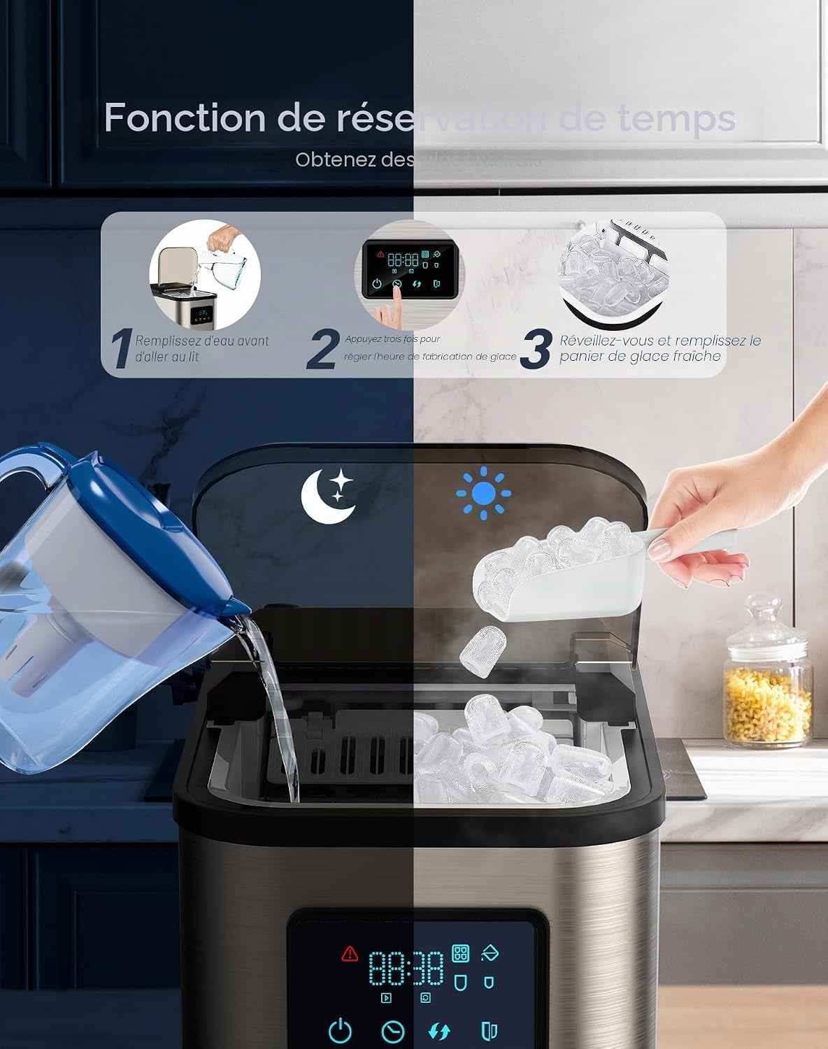 Machine a Glacons 15Kg En 24H, 2 Litres, Avec Écran LED | 9 Glaçons En 6-8 Minutes, 2 Tailles De Glace, Autonettoyante,Silencieux 45 Db,Poignée De Transport,Pour La Maison/Camping/Bar