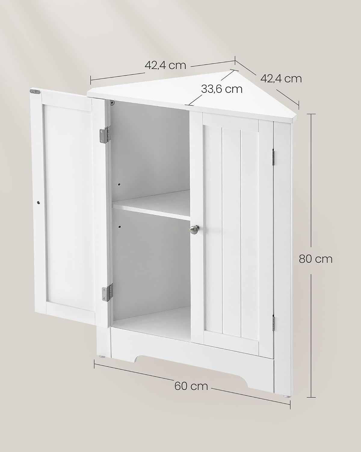 D’Angle, Meuble Portes Et Étagère Réglable, Pour Salle De Bain, Cuisine, Salon, Design Campagne Moderne, Blanc Nuage BBC844P31, 60 × 33,6 × 80 Cm