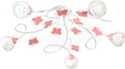 4924/PL5 Plafonnier, Métal Verre, Blanc/Rose, 5 Luci