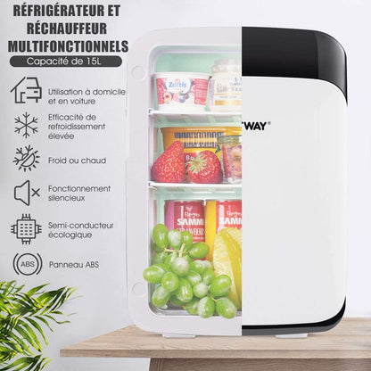 Mini Frigo 15L Mini Réfrigérateur 2 En 1 Fonction De Refroidissement Et De Chauffage, Température -3 ℃ ~ 50 ℃, Mini Frigo Portable 76 Kwh/An Pour Maison/Voiture (Blanc)