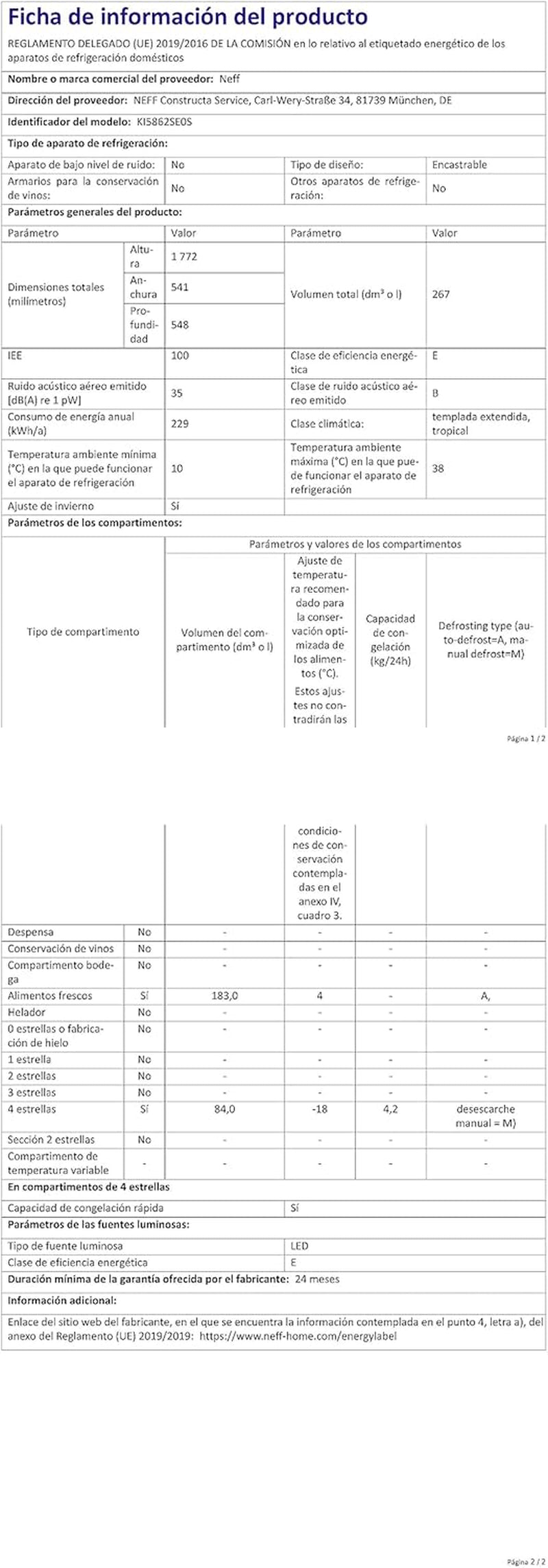 Neff KI5862SE0S Réfrigérateur-Congélateur Intégré (Placement) 267 L E