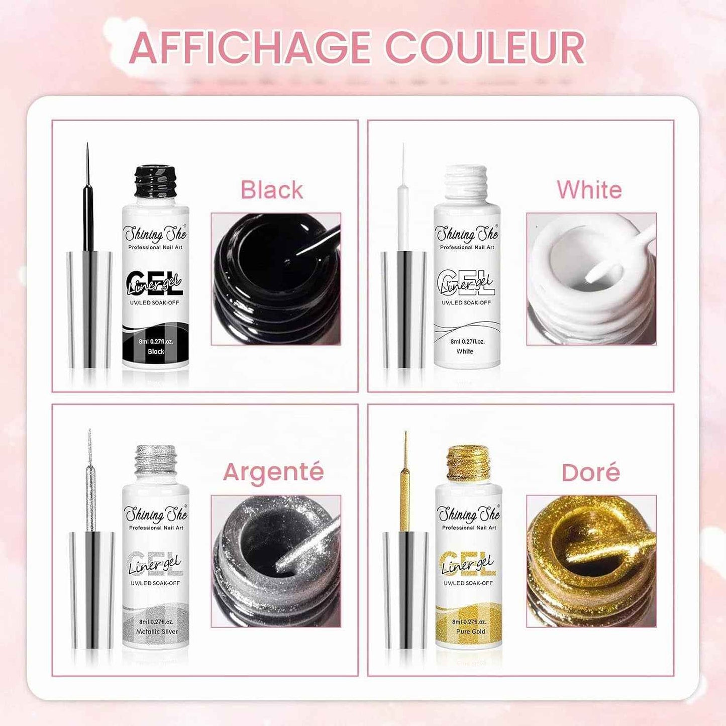 Vernis Semi Permanent, 4 Couleurs Noir or Argenté Blanc Vernis À Ongles Gel Liner Kit Soak off UV/LED Semi-Permanent Manucure Kit Pour Salon De Manucure DIY Home, 8Ml