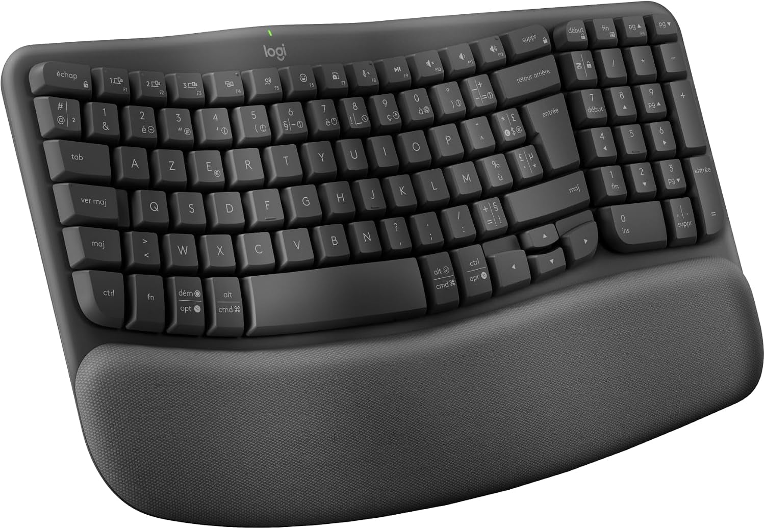 Wave Keys - Clavier Ergonomique Sans Fil (Graphite) | Repose-Poignets Rembourré, Frappe Naturelle, Easy-Switch, Bluetooth, Récepteur Logi Bolt, Multi-Se, Windows/Mac, AZERTY