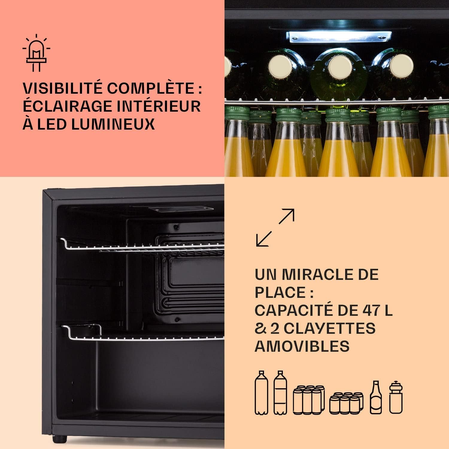 Mini Frigo De Chambre De 47L Pour Boissons Et Bieres, Petit Frigo Silencieux, Mini Bar Intérieur/Ext, Petit Refrigérateur Camping, Stockage De Vins Et Boisssons, Étagères Amovibles, 5-18°C