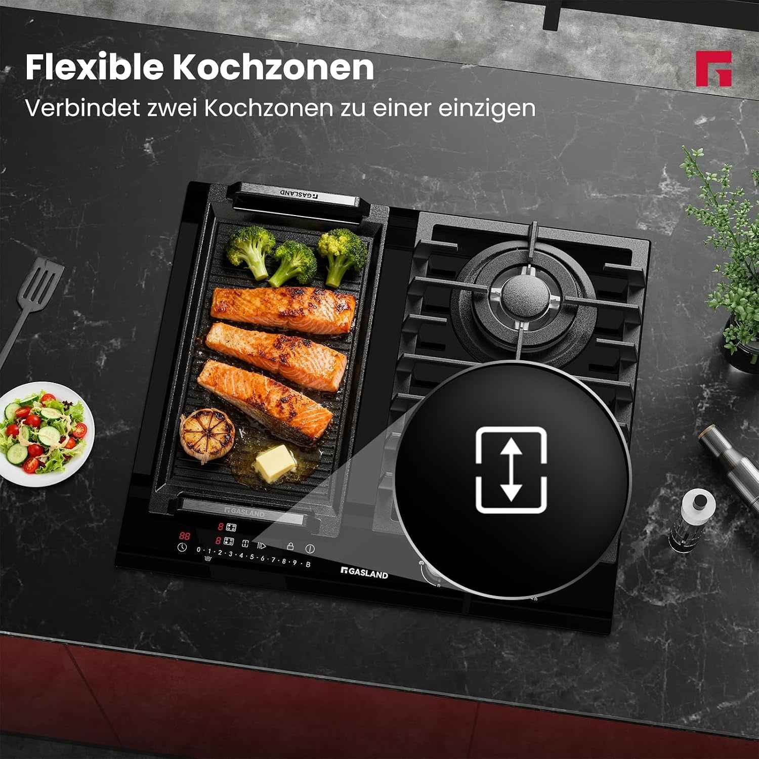 GIH604BF Plaque Mixte Gaz Et Induction 60 Cm, Gaz 5200 W Avec Brûleur Wok, Induction 3500 W Avec Fonction BBQ, Verre Noir Encastrable (Sans Poêle)