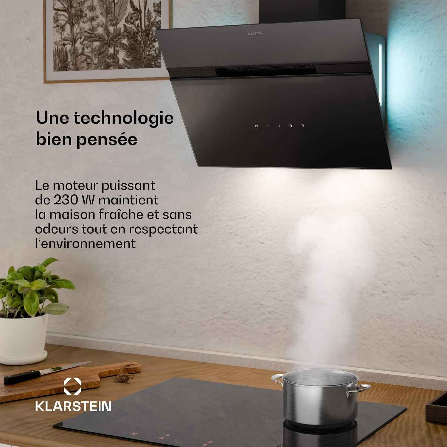 Klarstein Alina Hotte Aspirante - 60 Cm Hotte Murale, 600 M³/H, Éclairage LED 9 Couleurs, Tactile, Classe Énergétique A, 52 Db, Noire, Recirculation & Extraction