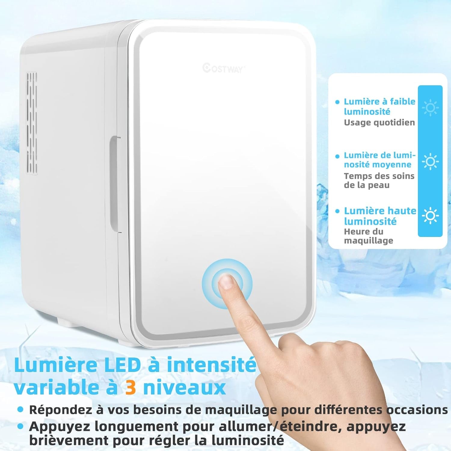 Mini Réfrigérateur 10L Chaud/Froid Portable Avec Miroir LED, Mini Frigo Avec Etagères Amovibles 12V/220V Pour Voiture, Chambre