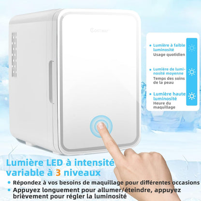 Mini Réfrigérateur 10L Chaud/Froid Portable Avec Miroir LED, Mini Frigo Avec Etagères Amovibles 12V/220V Pour Voiture, Chambre