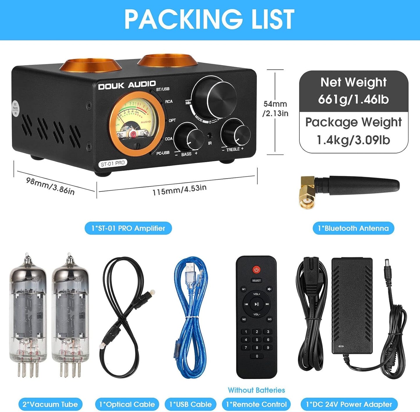 [Version Mise À Jour] ST-01 Pro 200W Amplificateur Hi-Fi Mini Récepteur Audio Bluetooth 5.0 Amplificateur À Tubes Numérique Avec Vu-Mètre, USB DAC Coax/Opt