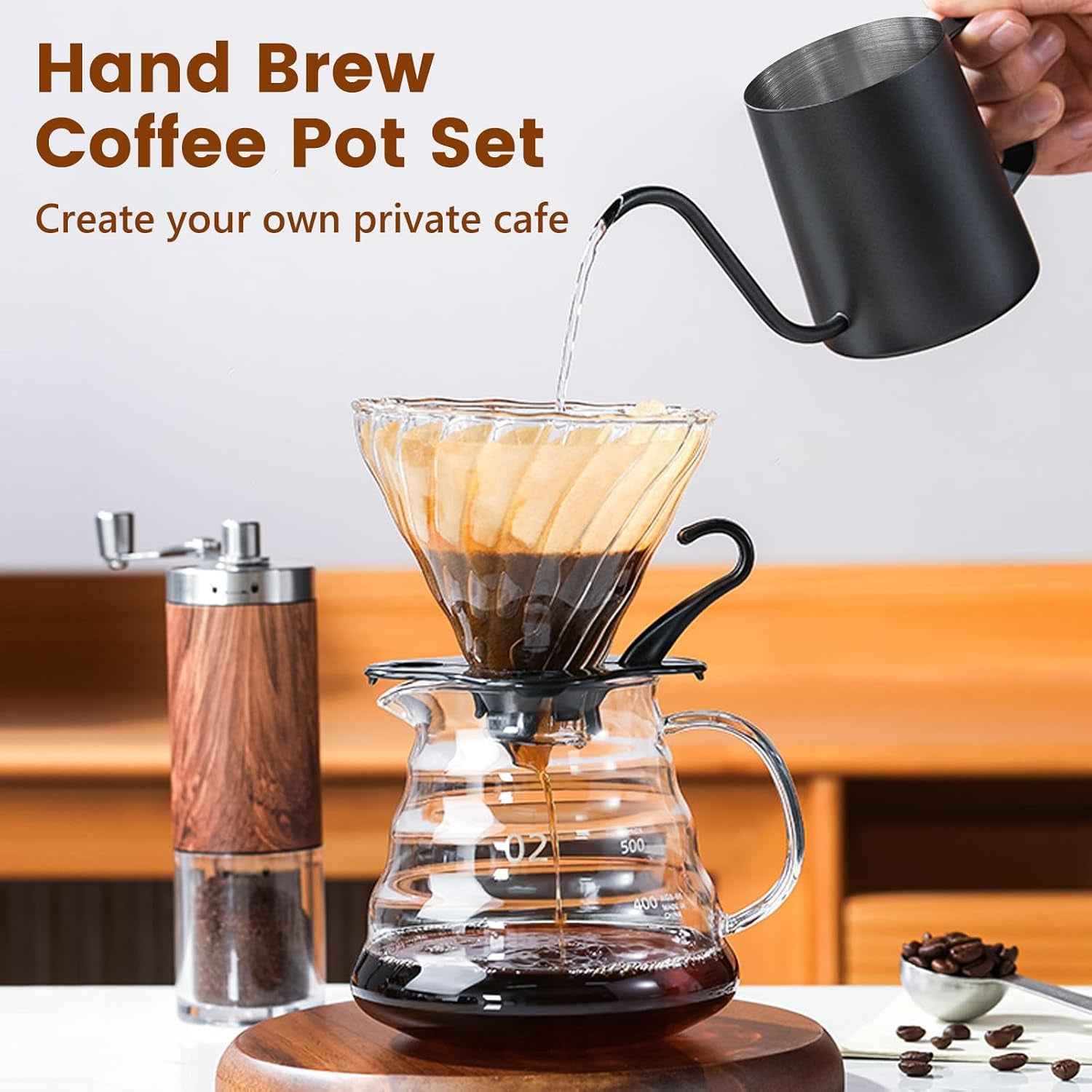 Ensemble De Moulin À Café Manuel De 7 Pièces,Ensemble D'Outils De Brassage De Café Portable,Coffee Grinder Degré Avec Bouilloire 600Ml,Mouture Réglable,Outdoor Travel Picnic（100 Filtres）