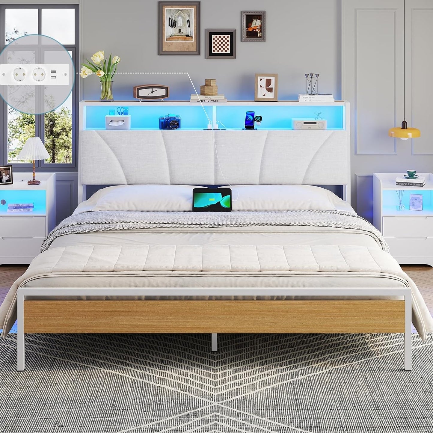 Lit 180X200 Avec Sommier Métal, Cadre De Lit 180X200 Cm Avec Lumières LED Et Multiprise (2 Prises AC, 2 Ports USB) Lit 2 Personnes Avec Tête De Lit Rembourrée Et Rangement, Moderne, Blanc