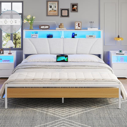 Lit 180X200 Avec Sommier Métal, Cadre De Lit 180X200 Cm Avec Lumières LED Et Multiprise (2 Prises AC, 2 Ports USB) Lit 2 Personnes Avec Tête De Lit Rembourrée Et Rangement, Moderne, Blanc