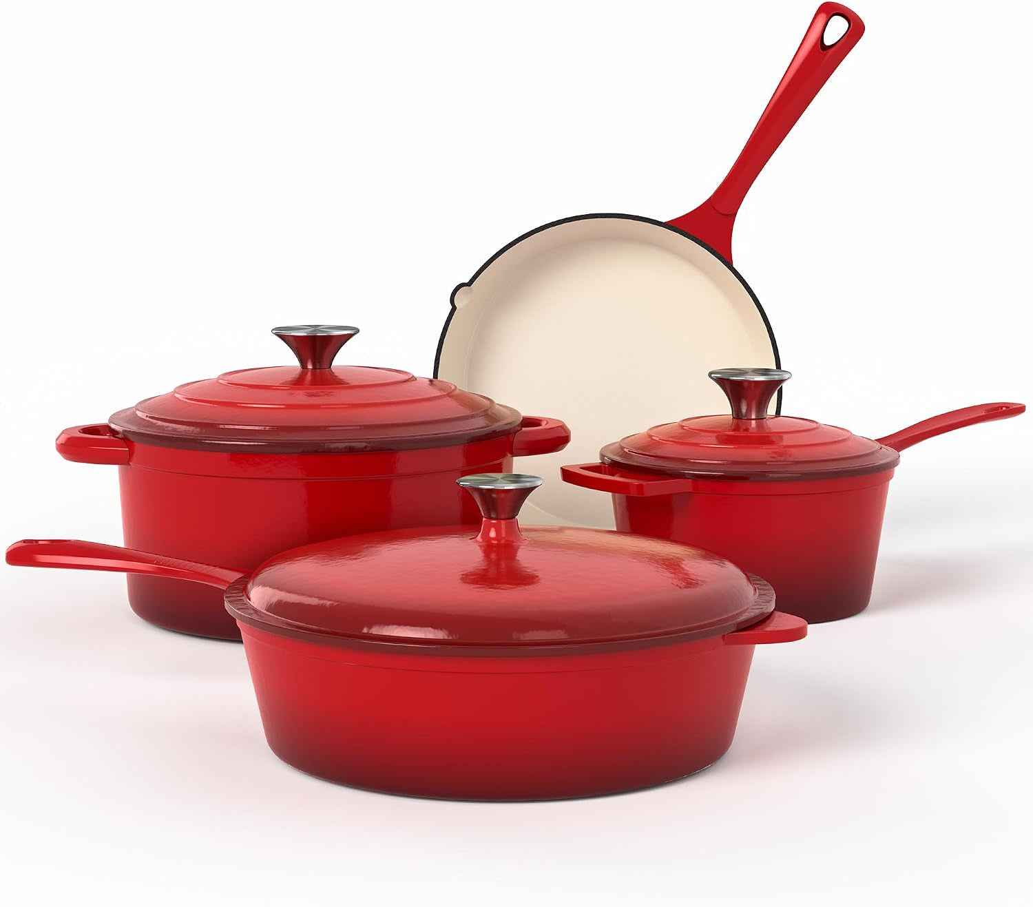 7 Pièces Batterie De Cuisine Induction En Fonte Émaillée | Tous Feux, Induction Et Four, 100% Sans PFOA, PTFE, Plomb, Cadmium, Rétention De Chaleur Maximale Pour Mijoter