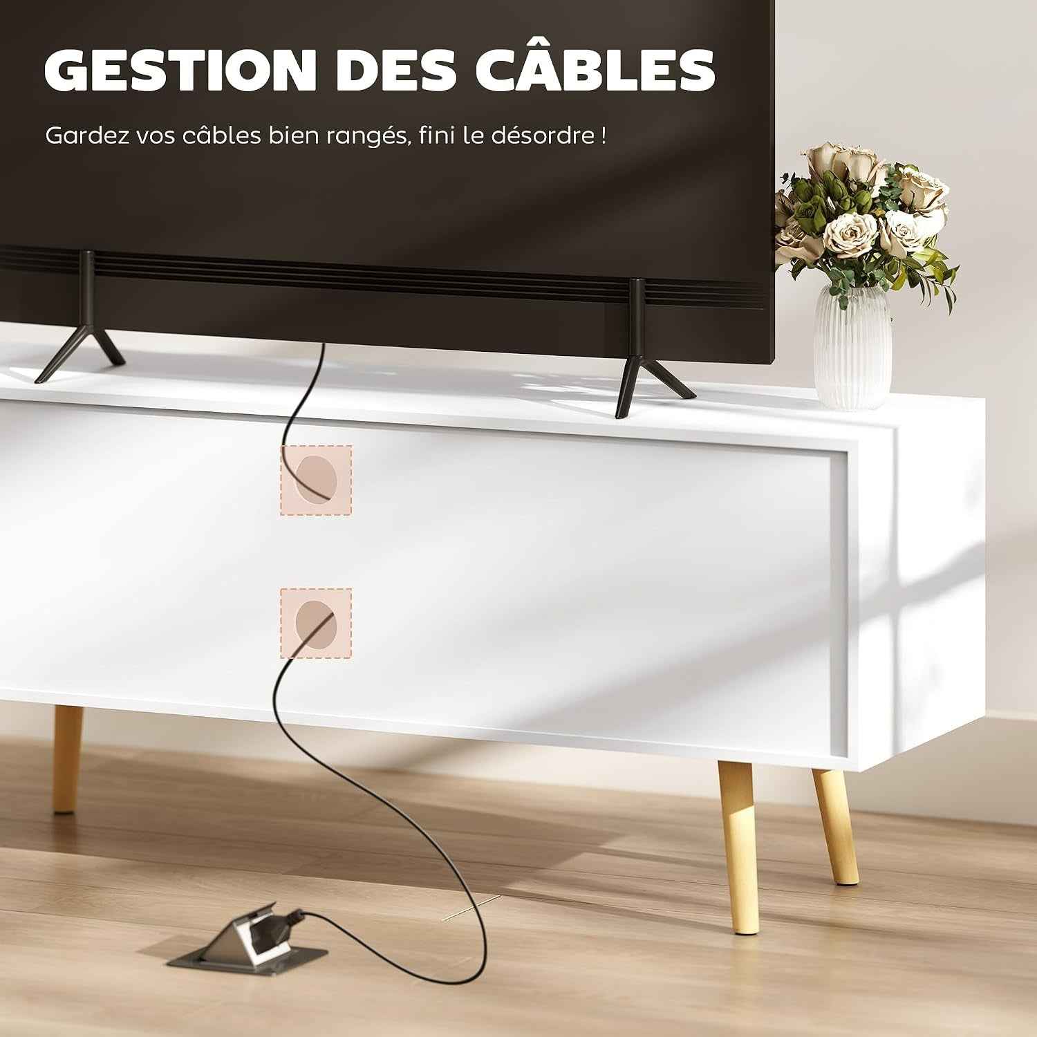Meuble TV 120 Cm Pour Téléviseur Jusqu'À 55 Pouces Blanc | Meuble Télé, 2 Placards, 2 Étagères Ouvertes, Banc TV Moderne, Salon, Chambre À Coucher